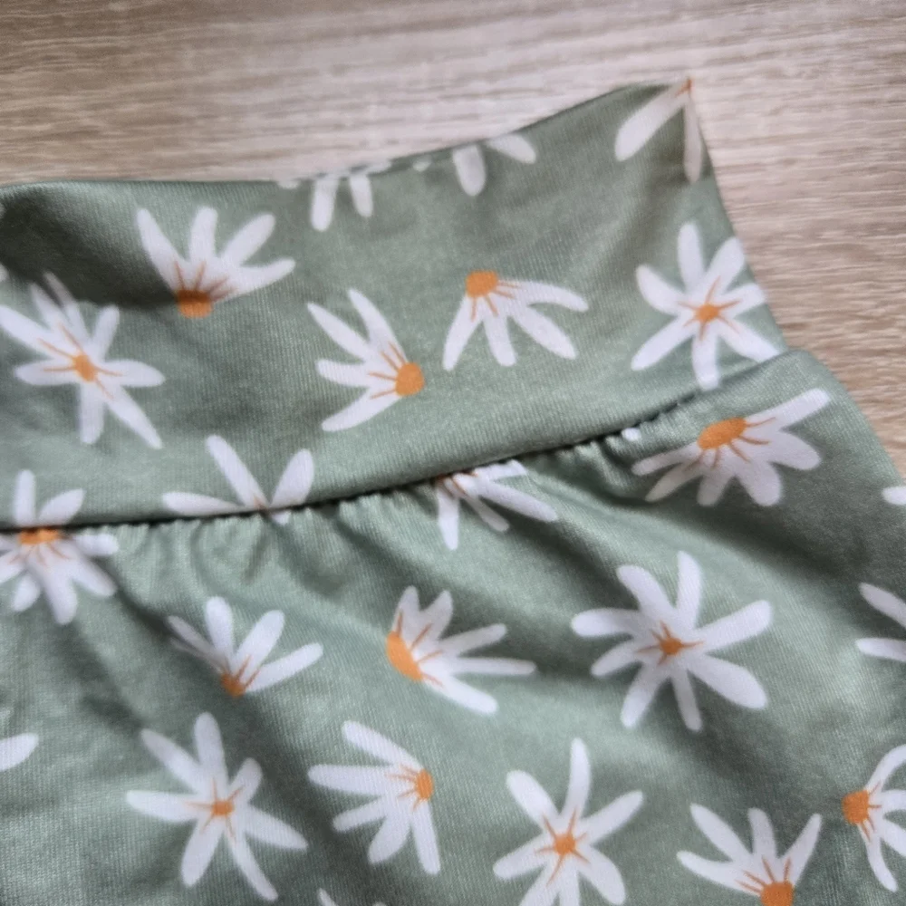 Baby Girl Boho Sage Green Daisy Bitty Bloomers Shorts Set Bow Headband 9-12M